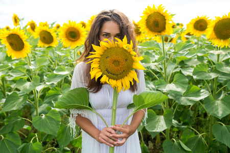 cheerful pretty girl looks out from sunflower in a fieldの写真素材