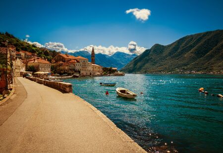 Harbour and boats at Boka Kotor bay (Boka Kotorska), Montenegro, Europe.の写真素材