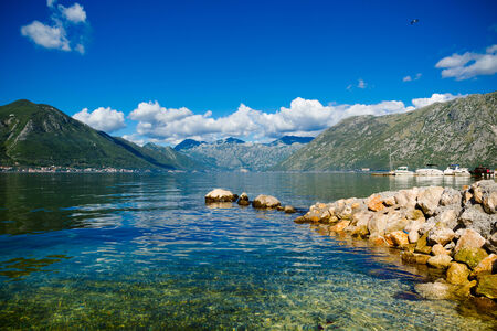 Harbour and yachts at of Boka Kotor bay (Boka Kotorska), Montenegro, Europe.の写真素材