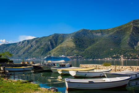 Harbour and boats at of Boka Kotor bay (Boka Kotorska), Montenegro, Europe.の写真素材