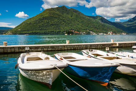 Harbour and boats at Boka Kotor bay (Boka Kotorska), Montenegro, Europe.の写真素材