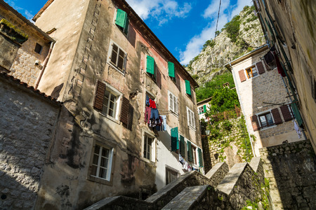 Underwear drying on the rope in the old yard in Montenegro, Europeの写真素材