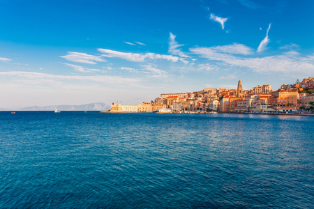 Panoramic sea landscape with Gaeta, Lazio, Italy. Scenic historical town with old buildings, ancient churches, nice sand beach and clear blue water. Famous tourist destination in Riviera de Ulisseの写真素材