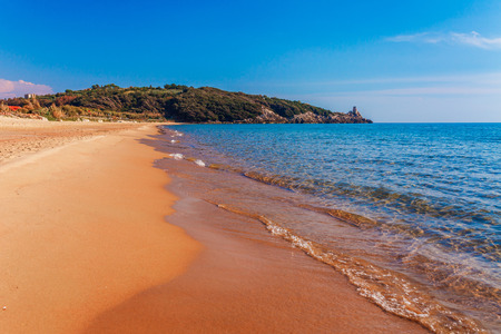 Panoramic sea beach landscape near Gaeta, Lazio, Italy. Nice sand beach and clear blue water. Famous tourist destination in Riviera de Ulisse. Bright sunny light and sunset.の写真素材