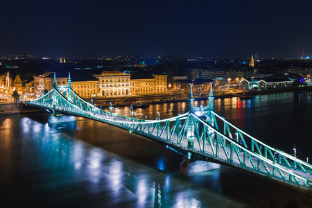 Night view of Budapest. Panorama cityscape of famous tourist destination with Danube and bridges. Travel illuminated landscape in Hungary, Europe.の写真素材