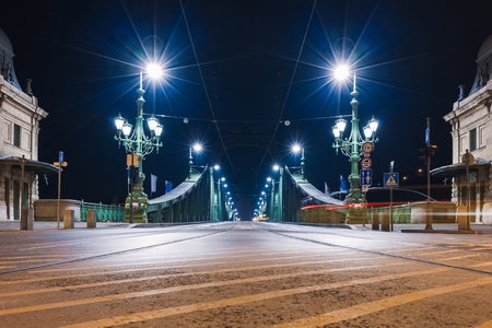 Night view of Budapest. Cityscape of famous tourist destination with Danube and bridges. Travel illuminated landscape in Hungary, Europe.の写真素材