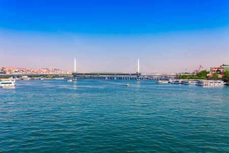 Panoramic view of Istanbul. Panorama cityscape of famous tourist destination Golden Horn bay part of Bosphorus strait. Travel landscape Bosporus, Turkey, Europe and Asia.の写真素材