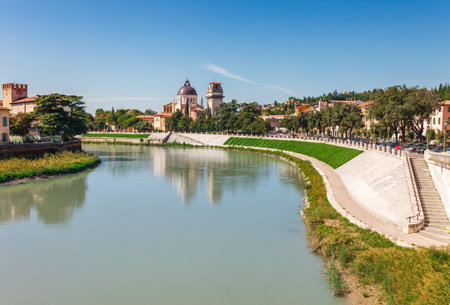 Panoramic cityscape aerial view on Verona historical center, bridge and Adige river. Famous travel destination in Italy. Old town where lived Romeo and Juliet from Shakespeare storyの写真素材