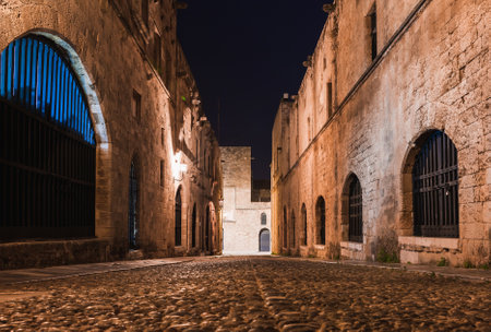 Night photo of ancient street of the Knights in Rhodes city on Rhodes island, Dodecanese, Greece. Stone walls and bright night lights. Famous tourist destination in South Europeの写真素材