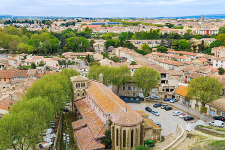 French ancient town Carcassonne panoramic view. Old castle with high stone walls. Famous tourist destination in France, South Europe.の写真素材