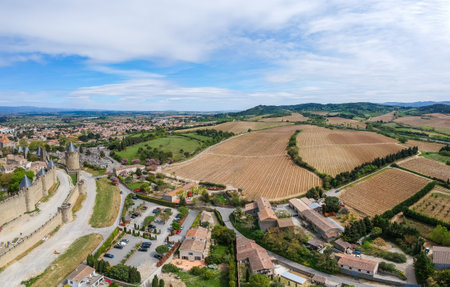 French ancient town Carcassonne panoramic view. Old castle with high stone walls. Famous tourist destination in France, South Europe.の写真素材