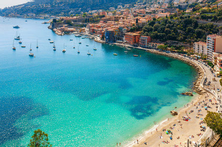 Landscape panoramic coast view between Nice and Monaco, Cote d'Azur, France, South Europe. Beautiful luxury resort of French riviera. Famous tourist destination with nice beach on Mediterranean seaの写真素材