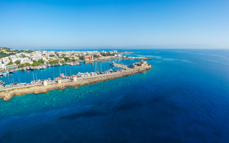 Aerial birds eye view drone photo of Rhodes city island, Dodecanese, Greece. Panorama with Mandraki port, lagoon and clear blue water. Famous tourist destination in South Europeの写真素材