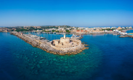 Aerial birds eye view drone photo of Rhodes city island, Dodecanese, Greece. Panorama with Mandraki port, lagoon and clear blue water. Famous tourist destination in South Europeの写真素材