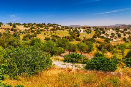 Panoramic view near Kato Lefkara - is the most famous village in the Troodos Mountains. Limassol district, Cyprus, Mediterranean Sea. Mountain landscape and sunny day.の写真素材