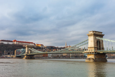 Panorama cityscape of famous tourist destination Budapest with Danube and bridges. Travel landscape in Hungary, Europe.の写真素材