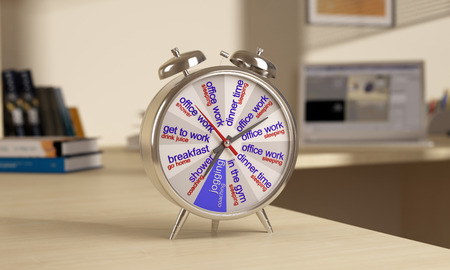 Chrome alarm clock is on the table, on tsiferbleate schedule