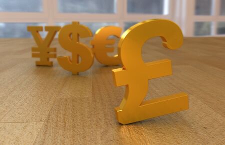 Golden 3D emblem currency of the world, on wooden surfaceの写真素材