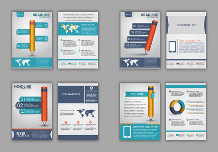 Design of flyers, brochures and booklets with elements of infographics and a pencil on the cover. Vector illustration. setのイラスト素材