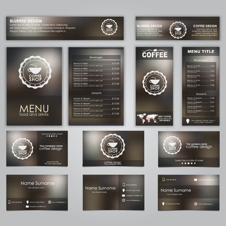 Set of corporate identity for the coffee shop, the campaign, cafe or restaurant. Design brochures, cards, flyers on blurred background.のイラスト素材