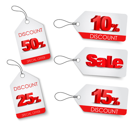 Set of white with red tags 3D text which indicates the amount of the discount percentage.のイラスト素材