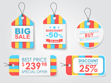 Set of colored tags in stripes. On the label contains price and percentage discount. Vector illustrationのイラスト素材