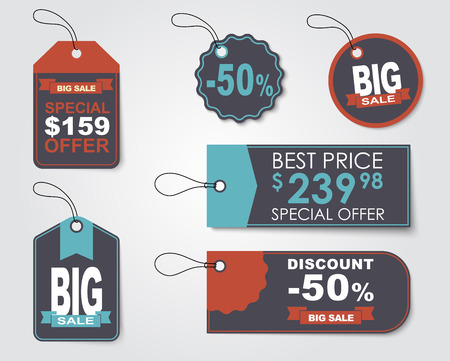 Set of sale tags (labels) for indicating the amount of discounts and prices. Retro style. Vector illustration.のイラスト素材