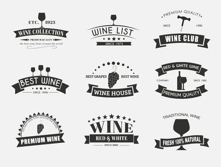 Design wine logos (emblems) in the old style with ribbons. Vector illustration. Set on a white backgroundのイラスト素材