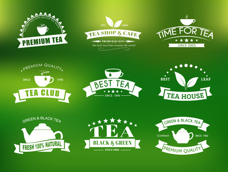 Design tea logos (emblems) in the old style with ribbons. Vector illustration. Set on a blurred backgroundのイラスト素材