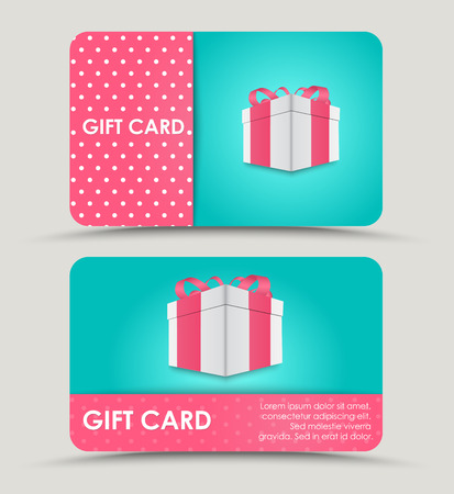 Design a discount card with gift box on a blue background and a pink stripe for text. Vector illustration. Setのイラスト素材