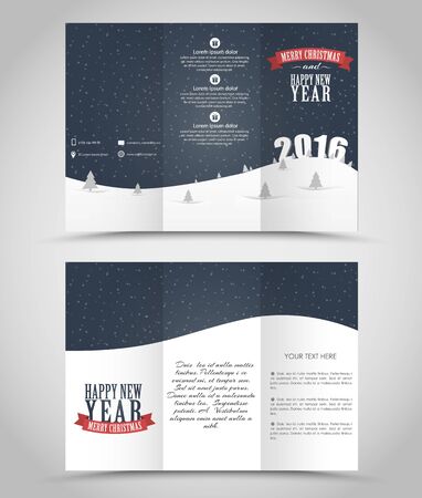 Design Christmas and New Year flyer with a landscape of mountains, night sky and snow with Christmas trees. Vector illustrationの写真素材