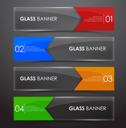 Set glass horizontal web banners with colored arrows on a black background. Vector illustrationのイラスト素材