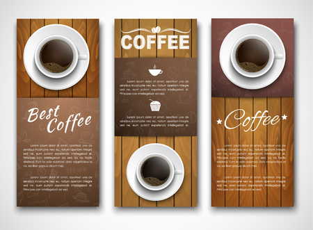 Samples of coffee vertical banners with a cup of coffee on wooden texture. Banner for shops, cafes or restaurants. Web banner of different colors of wood. Vector illustration. Setのイラスト素材