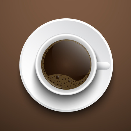Vector cup top view. Cup of coffee with foam. The cup stands on a brown background on a saucer.のイラスト素材