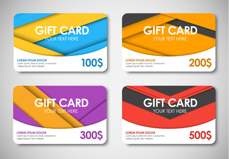 Set of colored gift cards. Gift cards in the style of the material design. Gift Cards on nominal 100, 200, 300 and 500 dollars. Vector illustration.のイラスト素材