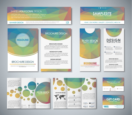 A set of polygonal yellow-blue banners, flyers, brochures, gift cards, folding brochures and business cards. Corporate Identity of the company for advertising and printing. Vector illustrationのイラスト素材