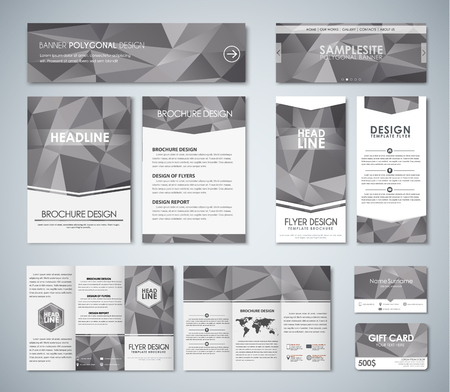 Set of corporate identity with silver polygonal background. Corporate identity for the company. Gift card templates, flyers, banners, folding brochures and business cards for advertising and printing. Vector illustration.Mockupのイラスト素材
