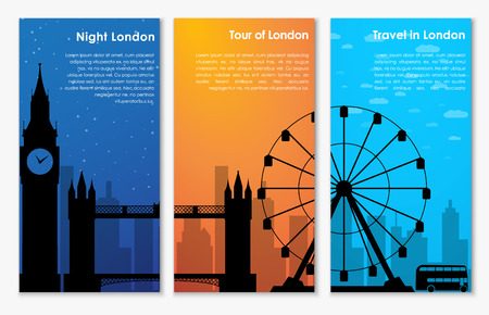 Vertical banner (flyer) with the silhouette of London in the morning, at sunset and at night. Templates for travel and visit and attractions. Vector illustration. Setのイラスト素材