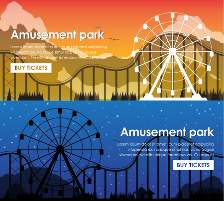 Design banners amusement park with a Ferris wheel and a roller coaster on a background of mountains. Web template in the daytime and at night. Vector illustrationのイラスト素材