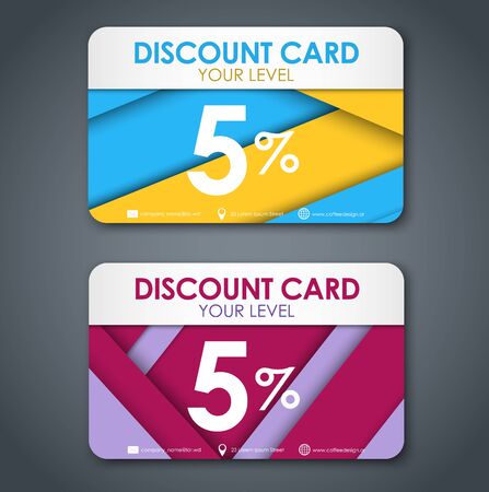 Templates of discount cards in style of material design, yellow, blue, red and violet color. Face value is 5 percent. Vector illustration. Setのイラスト素材