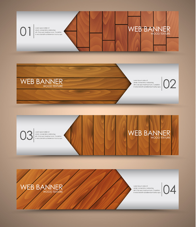 Design Web banners with wooden texture in different shades. Templates with metal arrow. Vector illustration. Setのイラスト素材