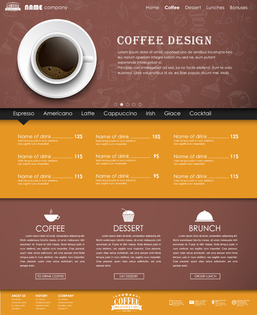 Design yellow and brown web site with a banner and a cup of black coffee, top view. Template with hand drawings in the background. The menu for the cafe, shops and restaurants. Vector illustration.のイラスト素材