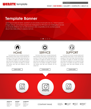 Design a web site with red polygonal banner. Template management and place for photo elements. Vector illustrationのイラスト素材