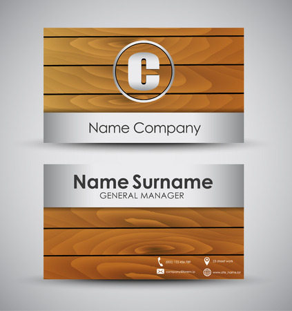 Design of the business card for the company or the individual. A template with wooden horizontal texture and a sample of a metal. Vector illustrationのイラスト素材
