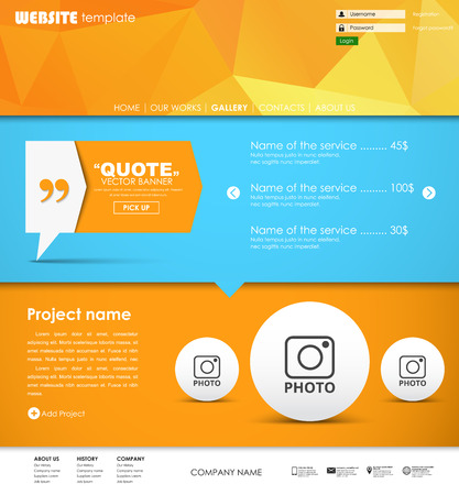 Design a web site with a banner on the leg for quotes. Template with orange polygonal background and is divided into blocks, buttons and menus. Vector illustrationのイラスト素材