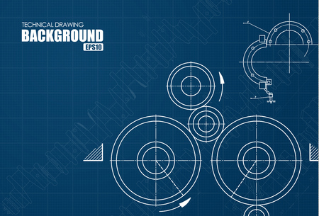 Template of a blue background with technical drawings of gears. Vector illustrationのイラスト素材
