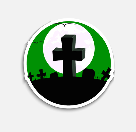 Sticker Design (icons) on Halloween night with a green sky and graves with crosses on the hill.のイラスト素材
