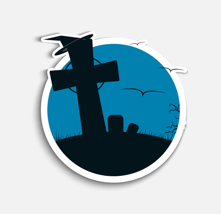 Sticker Design (icons) on Halloween night with blue skies and a cemetery on a hill.のイラスト素材