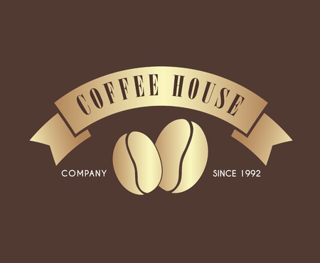 Design coffee icon with a ribbon and beans for a cafe or shop. The template in gold color.のイラスト素材
