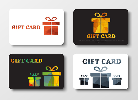 set of white and black gift cards with different boxes. Patterns of gold, bronze, silver, colored polygonal abstract elements. Vector illustration. Setのイラスト素材
